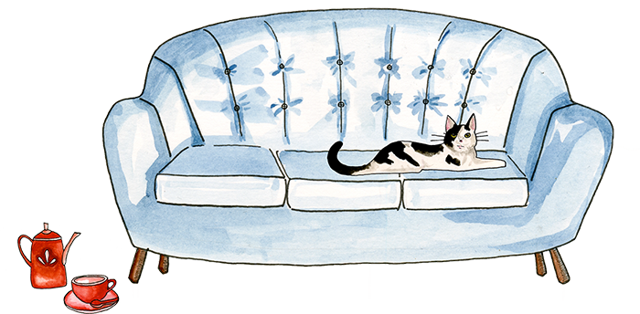 Drawing of a cat on top of a sofa and a red teapot on the floor